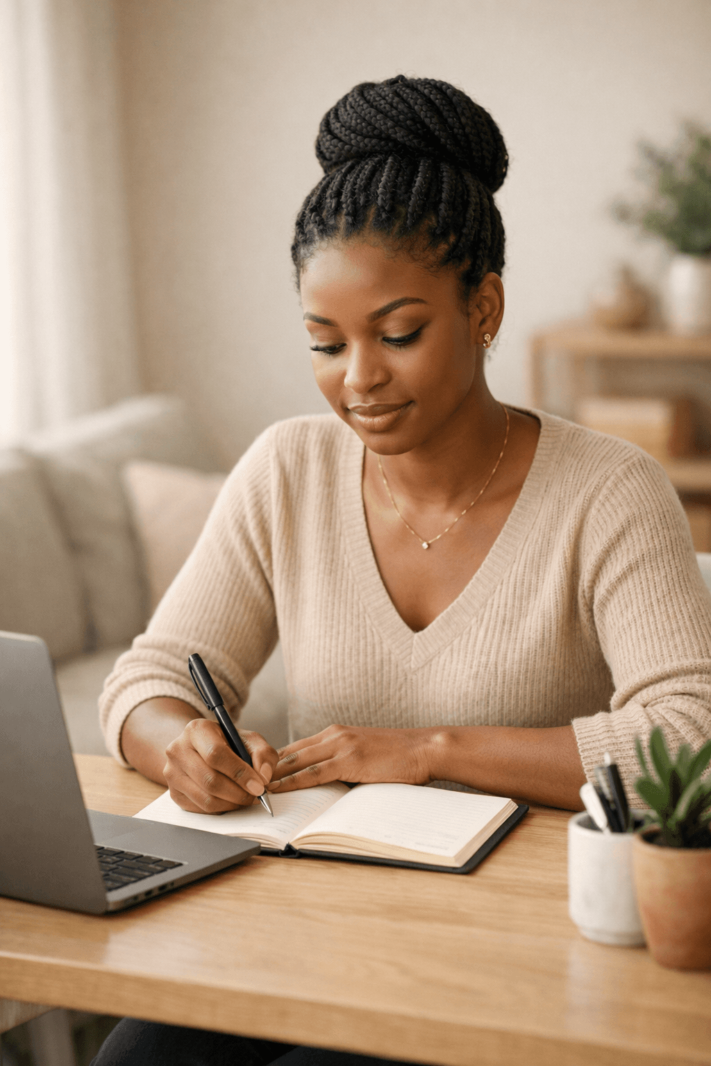 African woman writing at desk